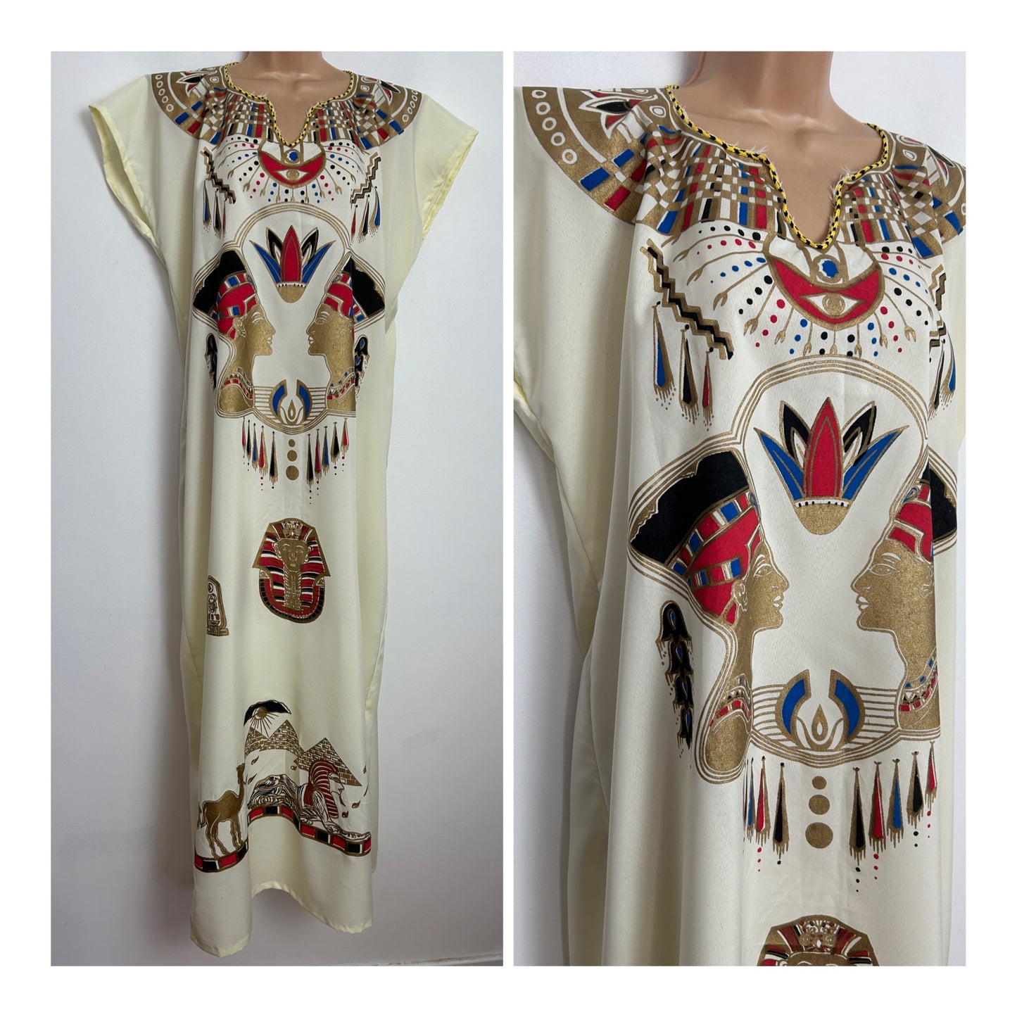 Vintage One Size Cream Gold Red & Blue Egyptian Theme Novelty Print Kaftan