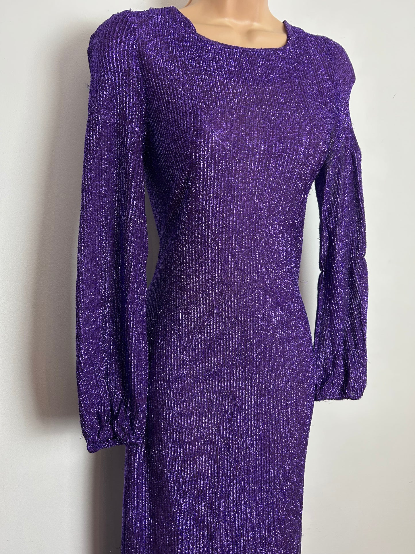 Vintage 1970s Size 6-8 Purple Lurex Glittery Shimmery Long Sleeve Lace Up Black Xmas Party Evening Maxi Dress