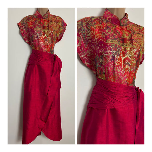 Vintage 1970s UK Size 10 Fuchsia Pink Orange & Gold Abstract Bodice Belted Occasion Maxi Dress