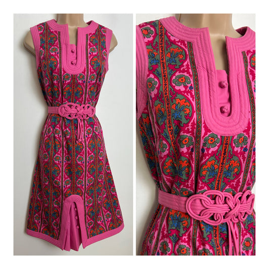Vintage 1960s SIAM BOUTIQUE Thailand Size 8-10 Exquisite Pink & Green Floral Cotton Belted Dress
