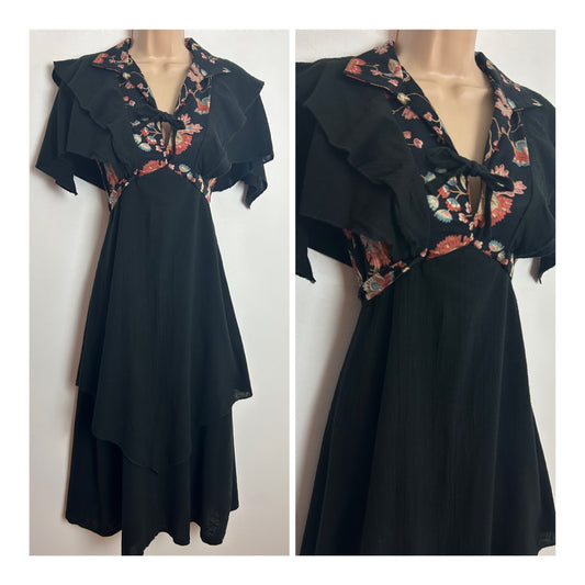 Vintage 1970s Size 8 Black Brown & Blue Floral Print Contrast Layered Cotton Midi Dress