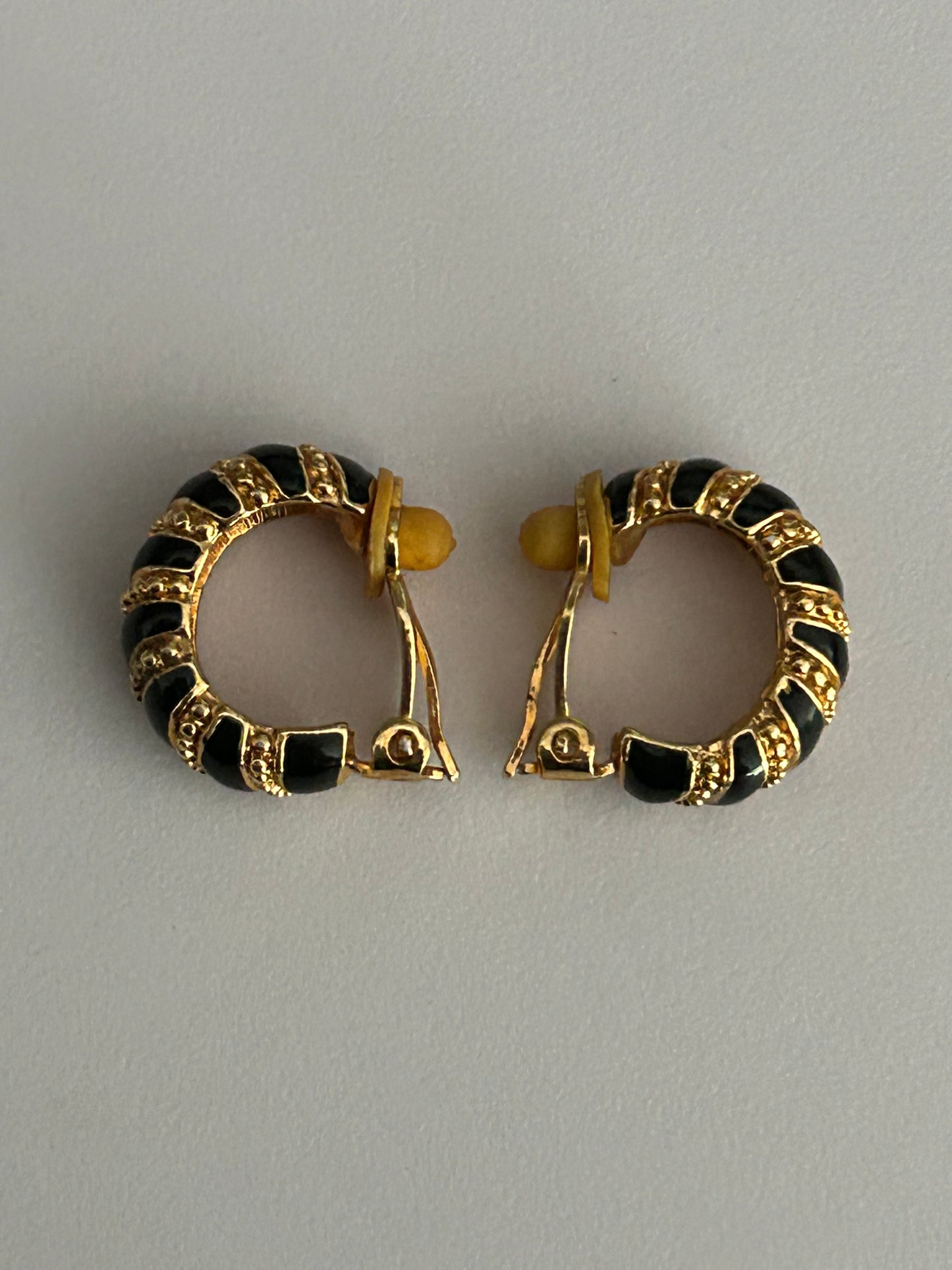 Vintage 1960s Gold Tone & Black Enamel Clip On Chunky Hoop Earrings