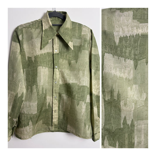 Vintage 1970s UK Size 12 Gorgeous Green Tones Cathedral Novelty Print Long Sleeve Shirt