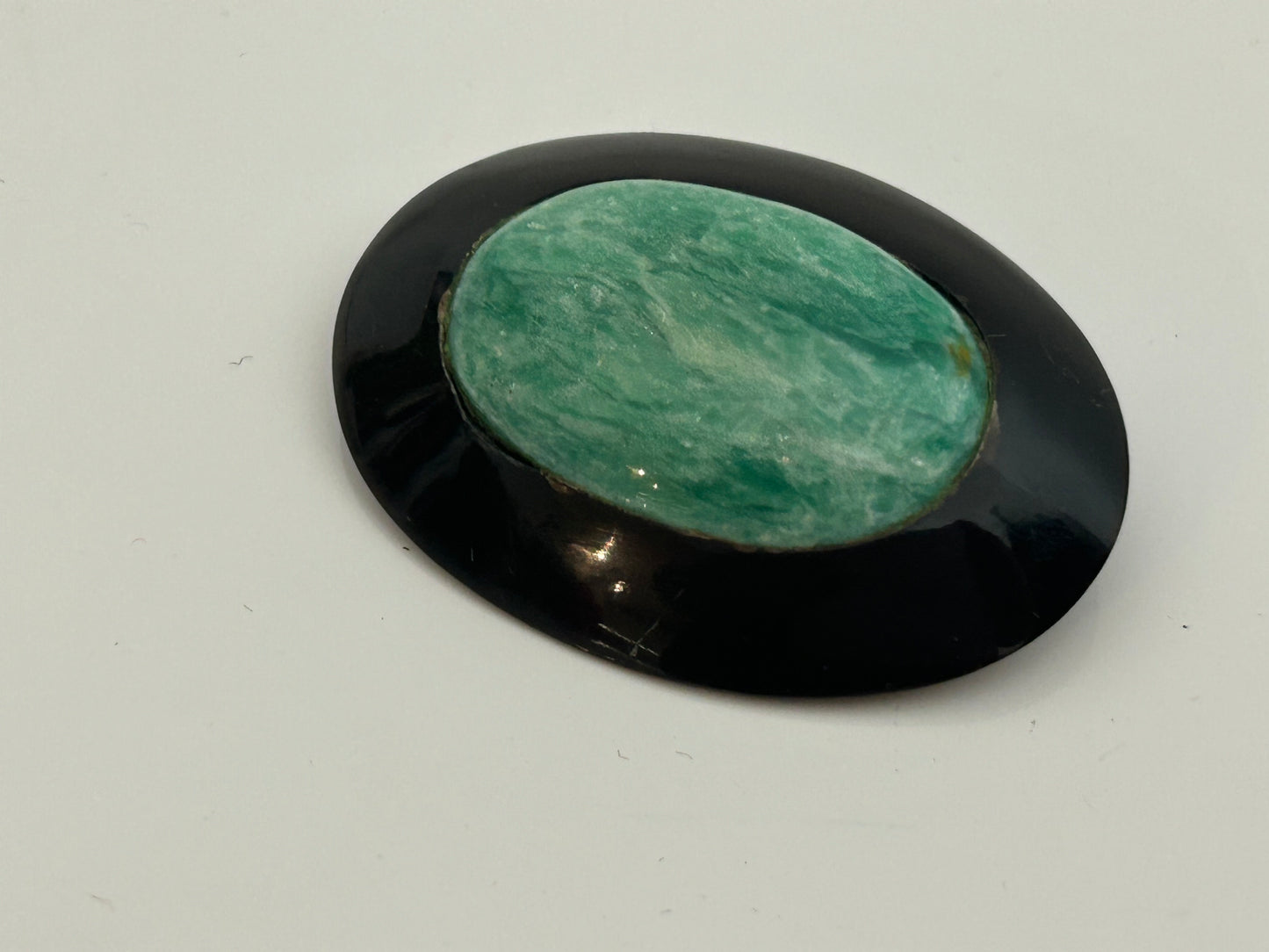 Vintage Homemade Black & Green Marble Effect Plastic Oval Shape Pin Brooch