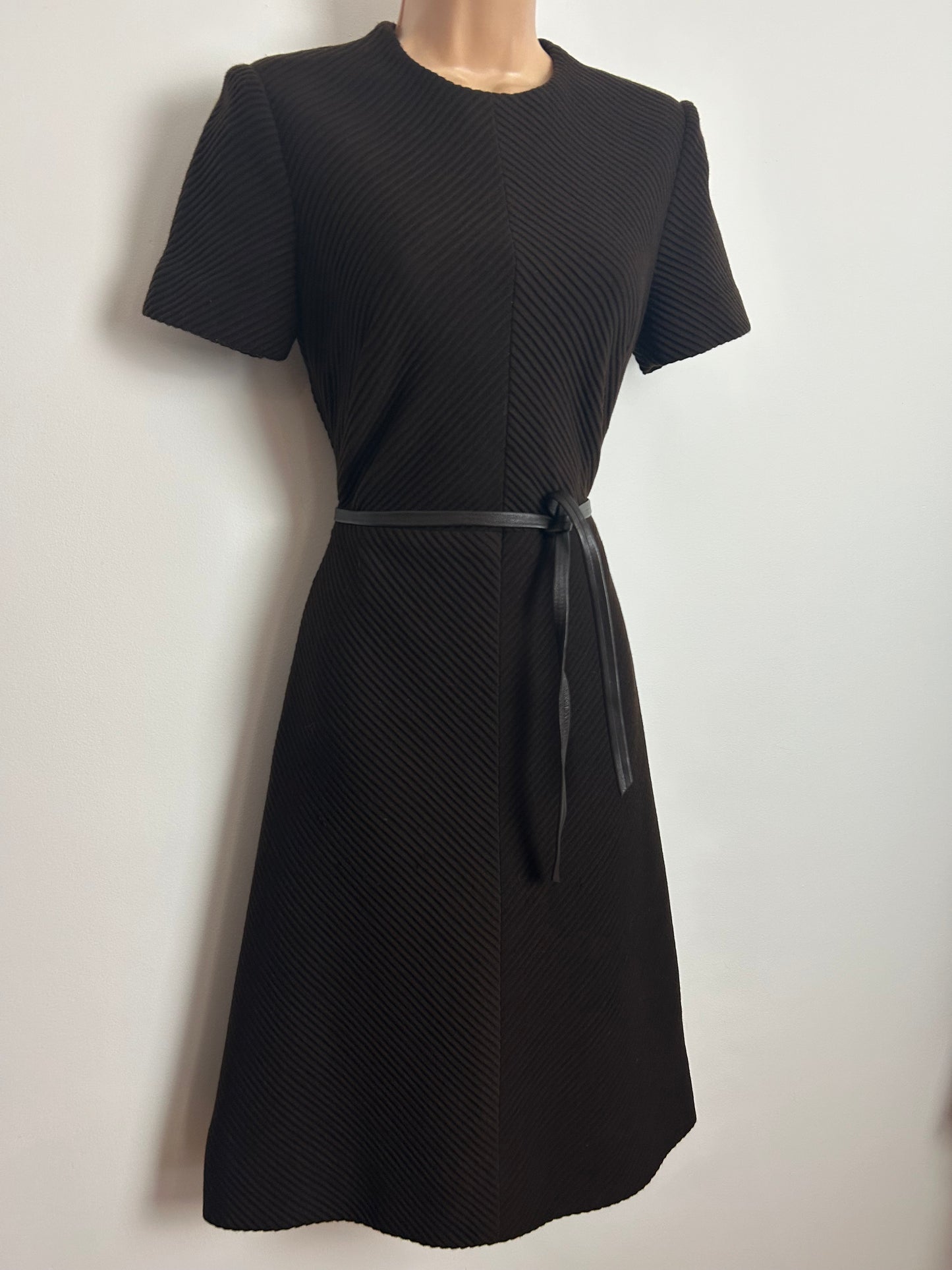 Vintage 1960s JAEGER Size 8-10 Chocolate Brown Chevron Texture All Wool Belted Mod Dress