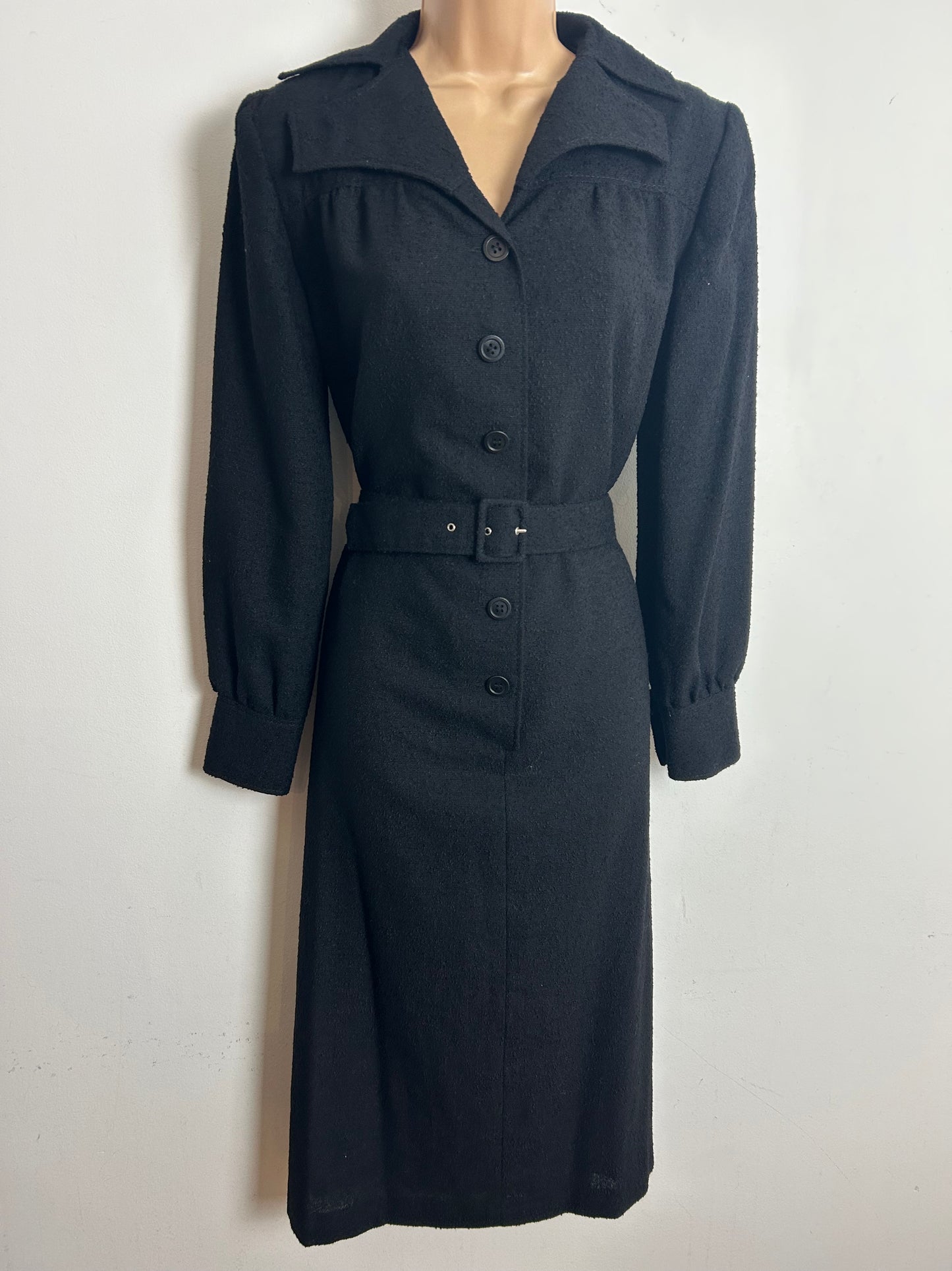 Vintage 1970's RADTKE Size 12 Black Feature Collar Belted Day Dress