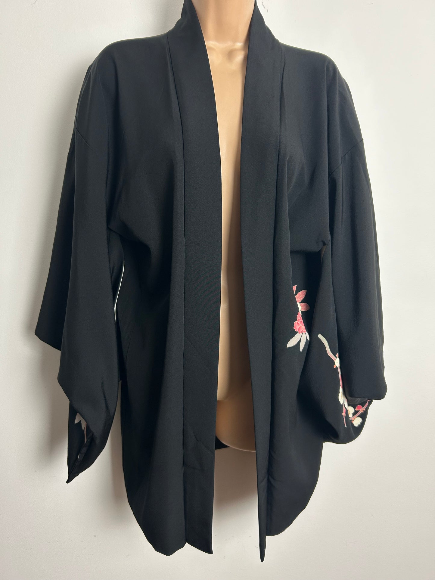 Vintage Up To Size 14 Beautiful Black Floral Print Traditional Japanese Haori Kimono Jacket