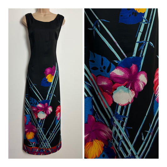 Vintage 70s Size 12 Black Pink Blue & Red Stripe & Floral Hibiscus Print Maxi Dress