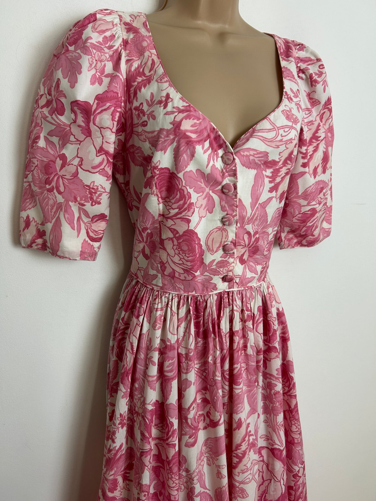 Vintage 1980s LAURA ASHLEY Size 10 (14 On label) Pink & white Floral Bird & Butterfly Print Cotton Midi Dress