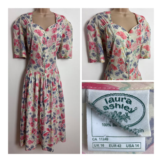 Vintage 1980s LAURA ASHLEY UK Size 14 Off White Pink & Blue Floral Print Cotton Midi Dress