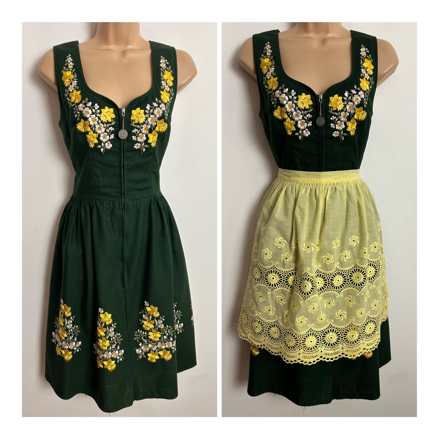 Vintage 1950s Gertr. Jacob UK Size 6 Green & Yellow Embroidered Traditional Austrian Dirndl Dress With Removable Apron