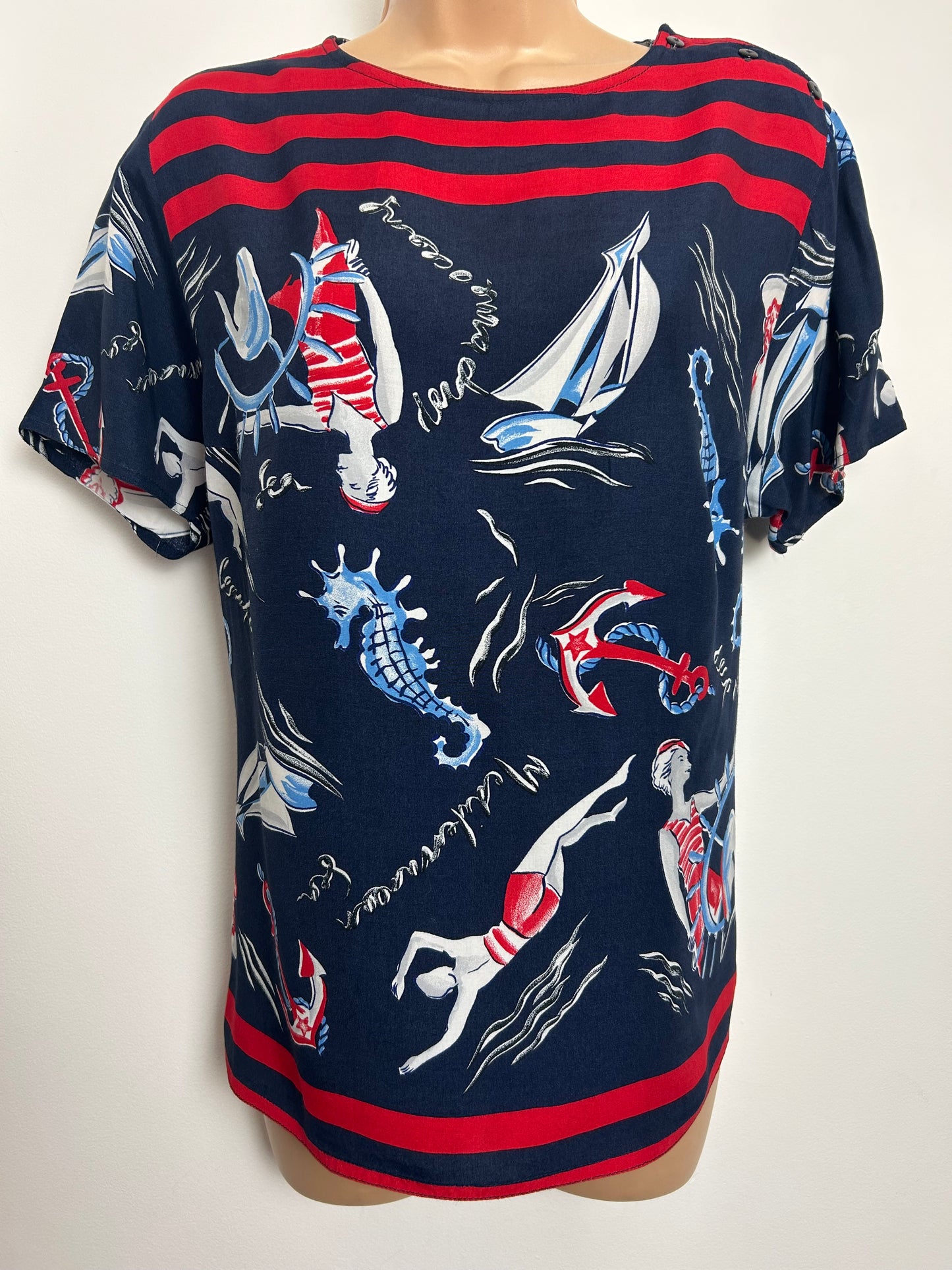 Vintage Y2K Size 12 Navy Blue White & Red Nautical Pin Up Girls Short Sleeve Top