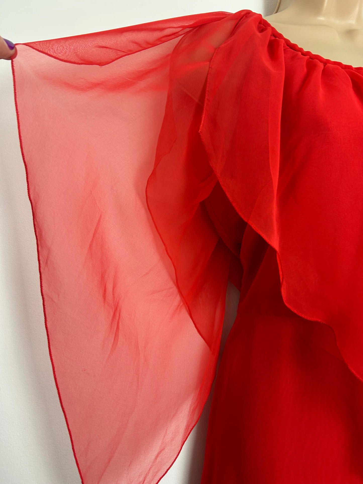 Vintage 1970s DEBENHAMS Size 12 Red Chiffon Split Floaty Sleeve Layered Occasion Maxi Dress