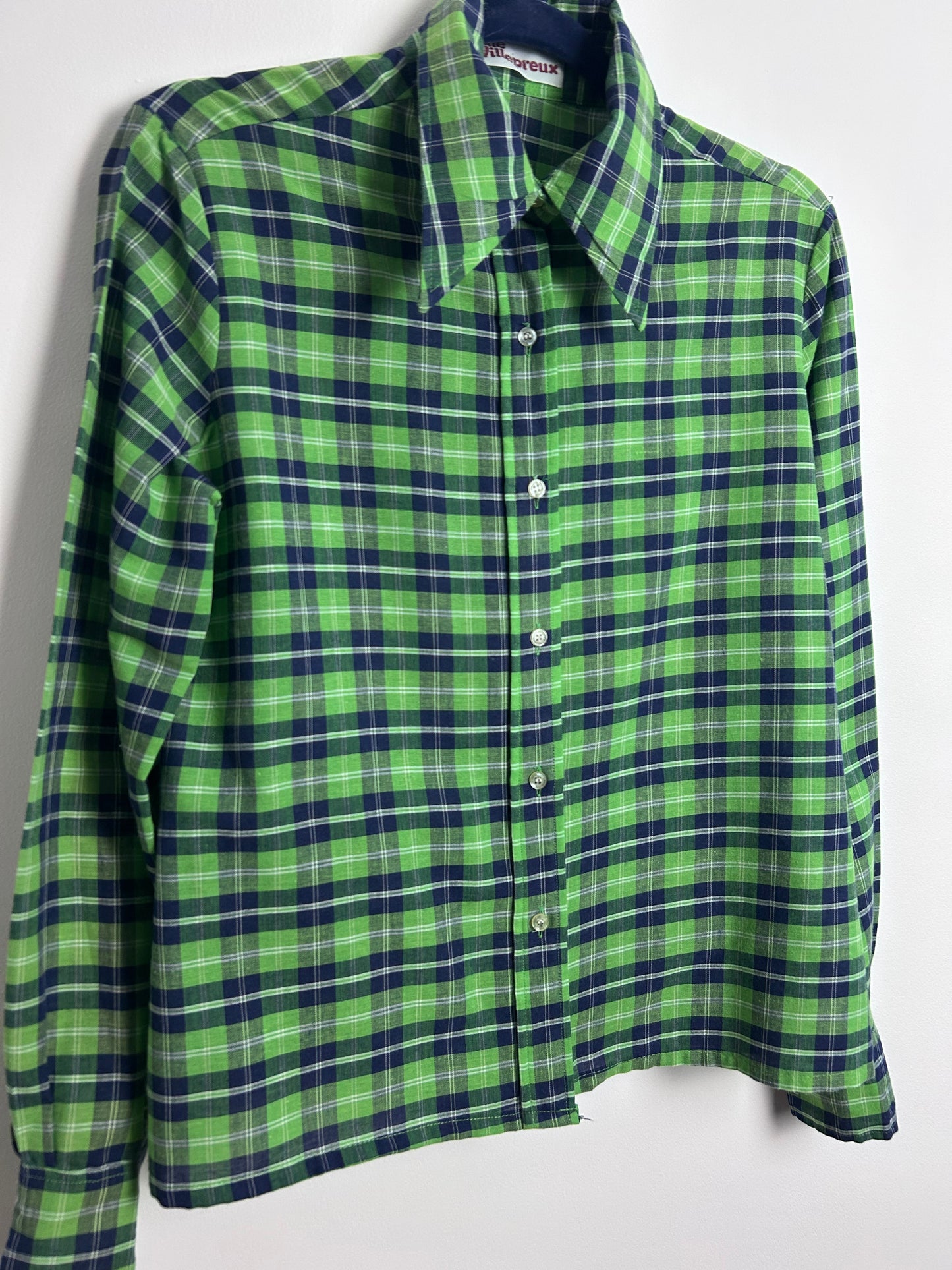 Vintage 1970s JANE VILLEPREUX Size 12-14 Green & Navy Blue Check Print Cotton Mix Long Sleeve Shirt