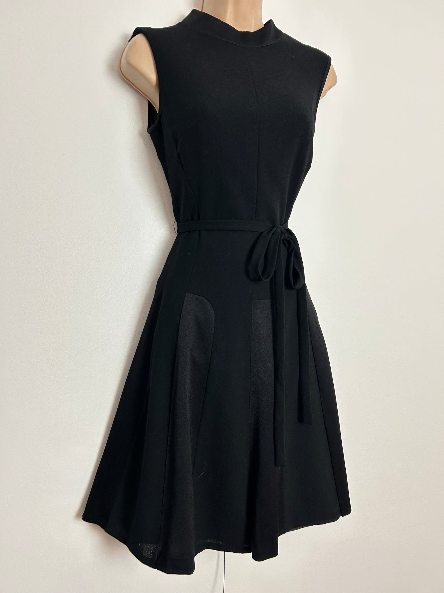 Vintage 1960s UK Size 8 Black Sleeveless Belted Fit & Flare Satin Panel Mod Dress