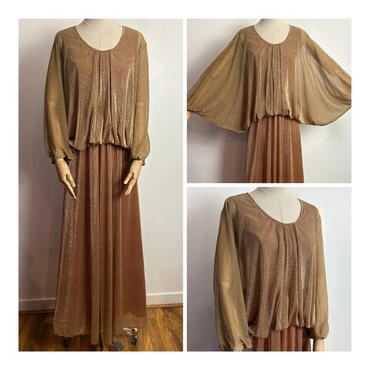 Vintage Late 1970s JOHN CHARLES UK Size 6-8 Gold Metallic Lurex Bat Wing Xmas Party Maxi Dress
