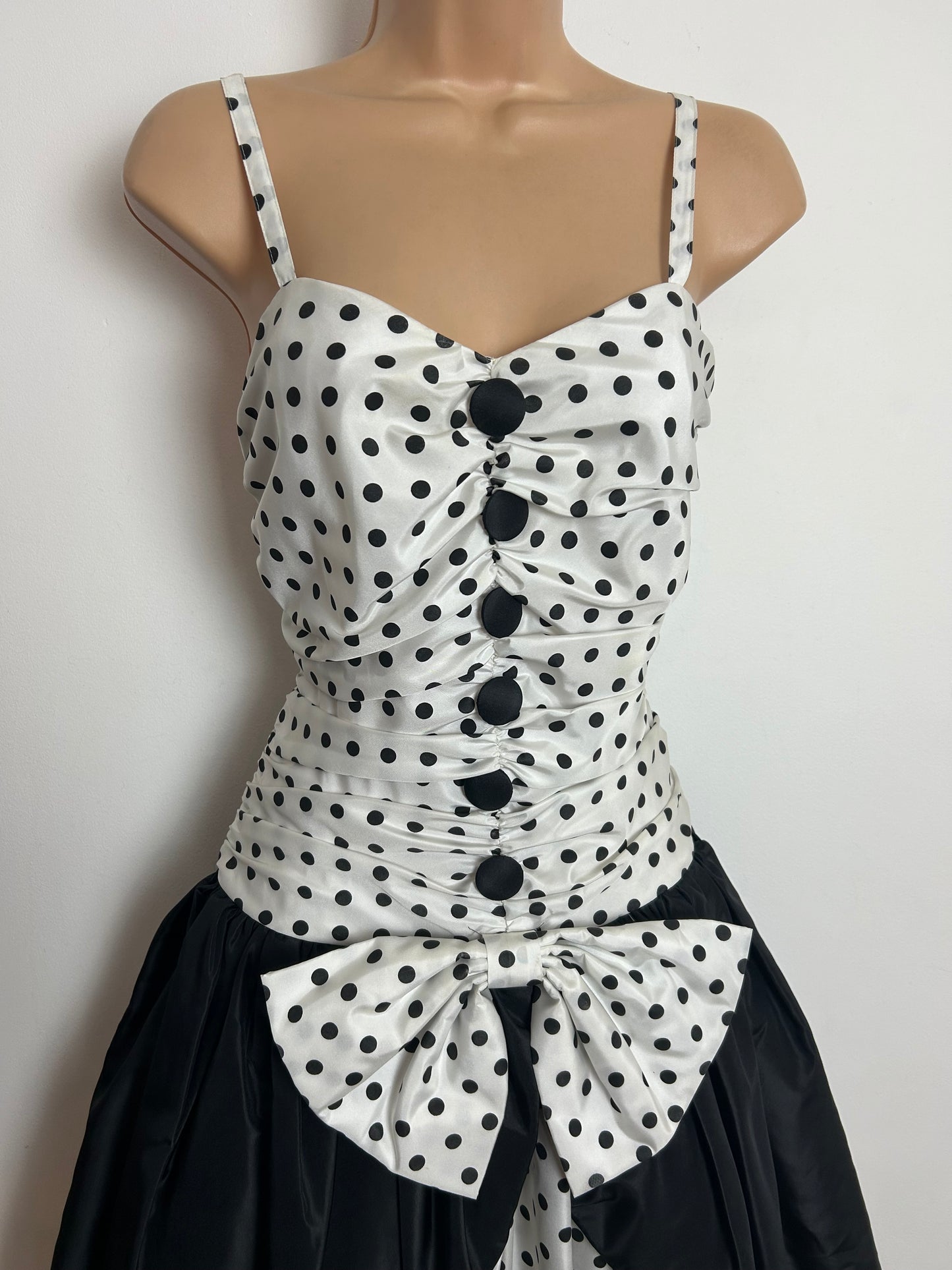 Vintage 1980s CREATION CHOU CHOU Size 10 White & Black Polka Dot Print Party Prom Dress