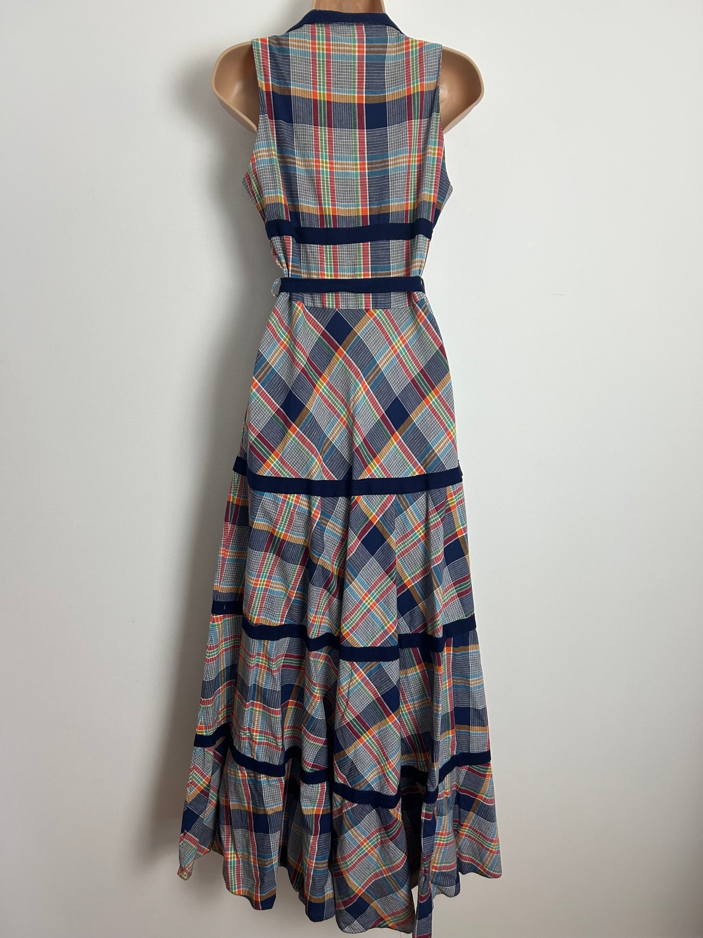 Vintage 1970s BETTY BARCLAY Size 6 Blue Check Print Sleeveless Belted Cotton Maxi Dress