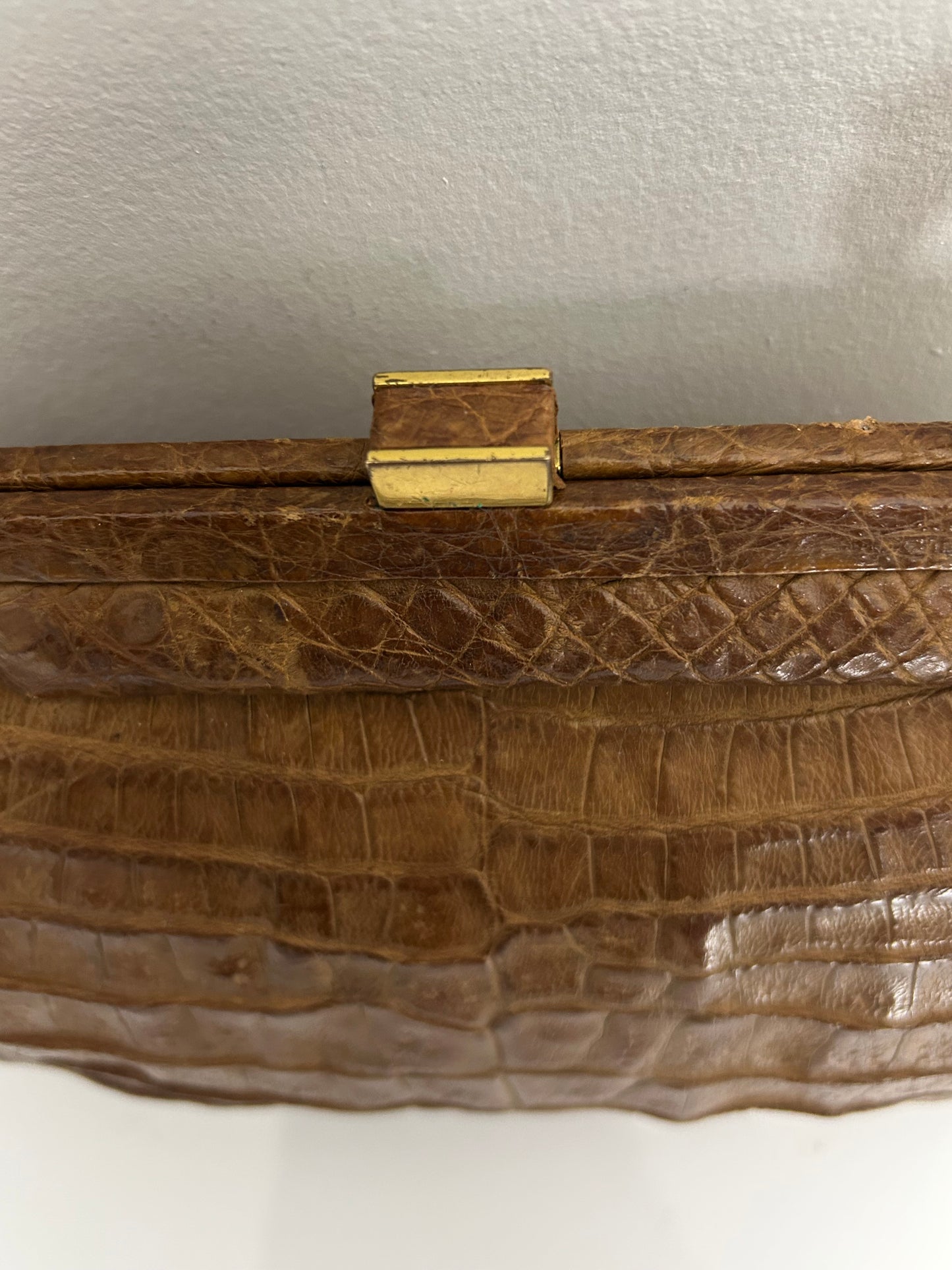 Vintage 1960s Dark Tan Brown Crocodile Leather Kelly Style Handbag
