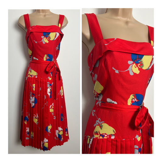 Vintage Early 1980s WOLF H BUSSE (BUSSE COUTURE) Size 10-12 Red Floral Print Belted Pleated Day Dress