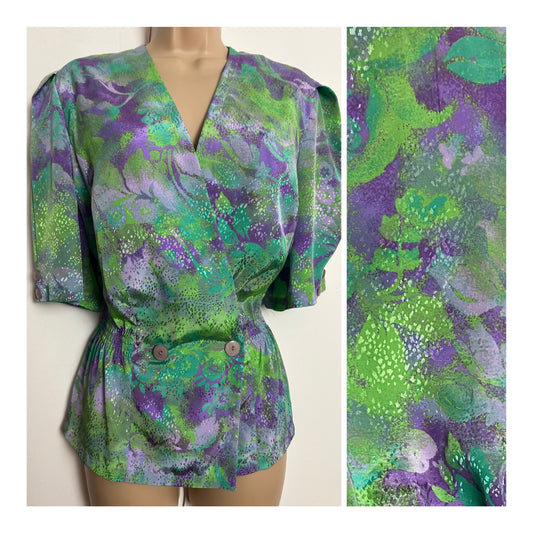 Vintage 1980s HARDOB Size 16 Green & Purple Abstract Floral Print Peplum Wrap Top