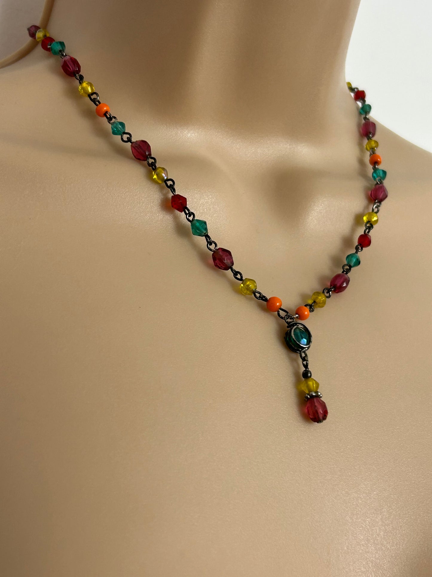 Vintage Multicolour Glass Stone Set Droplet Necklace