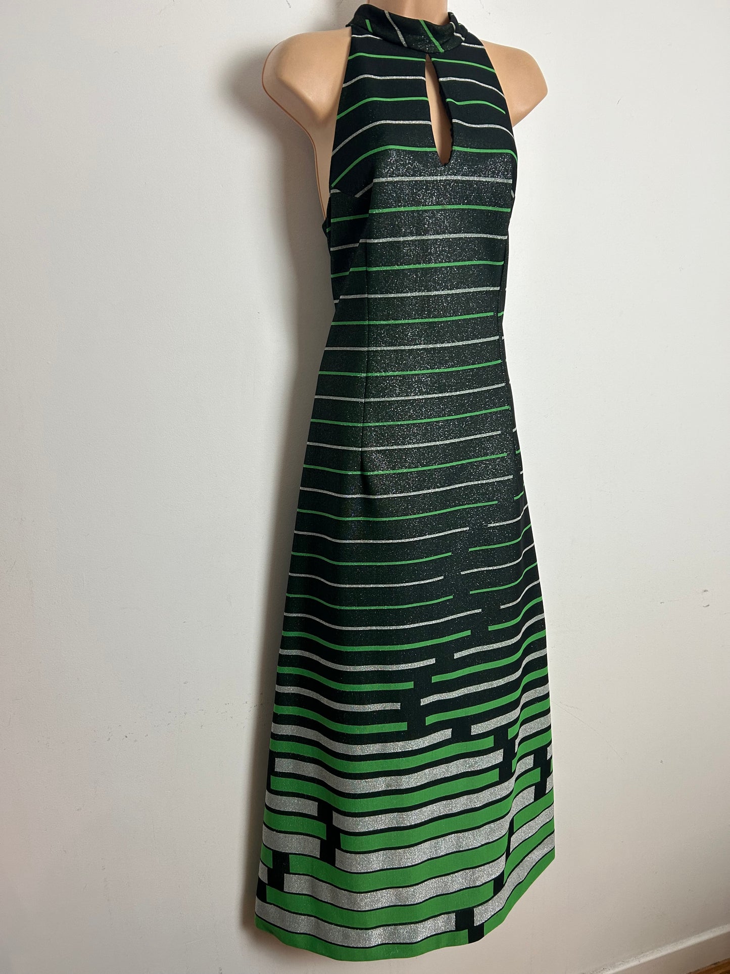 Vintage 1970s LEROSE Size 12 Black Silver & Green Stripe Keyhole Lurex Sleeveless Occasion Maxi Dress