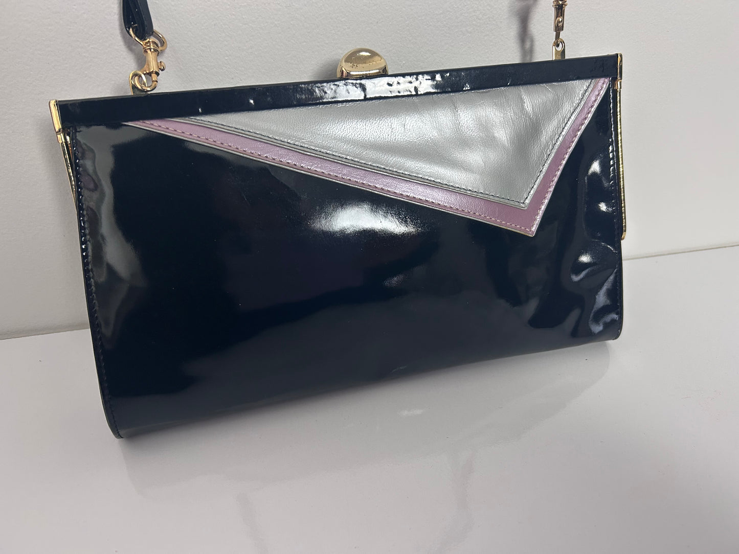 Vintage 1980s RENATA Italian Black Silver & Pink Patent Handbag With Removable Strap