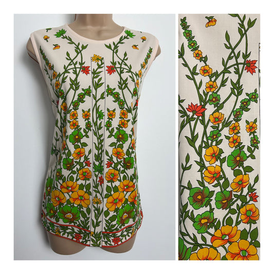 Vintage Late 1960s DEBENHAMS Size 12 Cream Orange & Green Floral Print Tunic Style Top