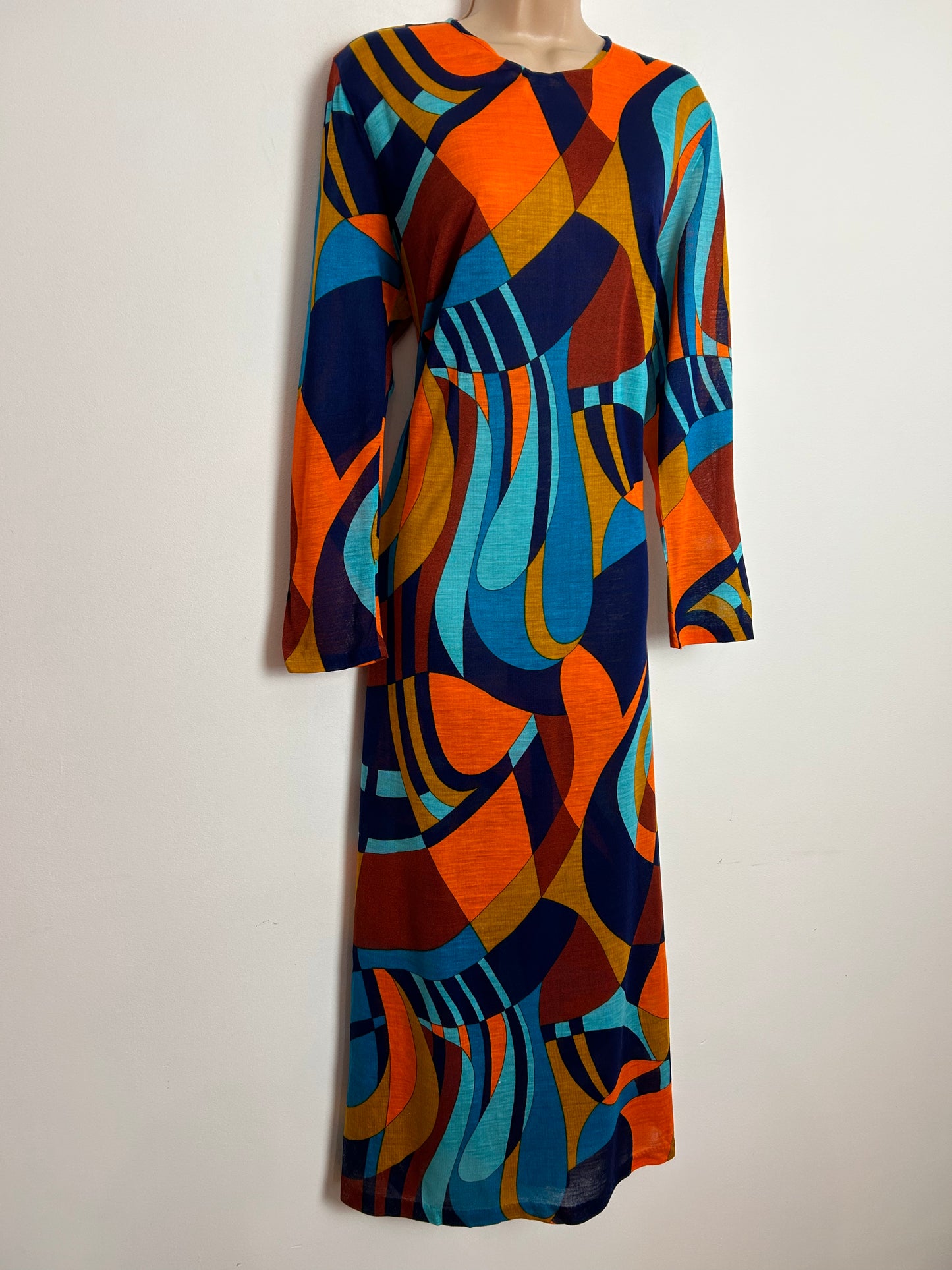 Vintage 1970s DEADSTOCK CHARMOR UK Size 12-14 Turquoise Rust & Navy Abstract Print Long Sleeve Maxi Dress