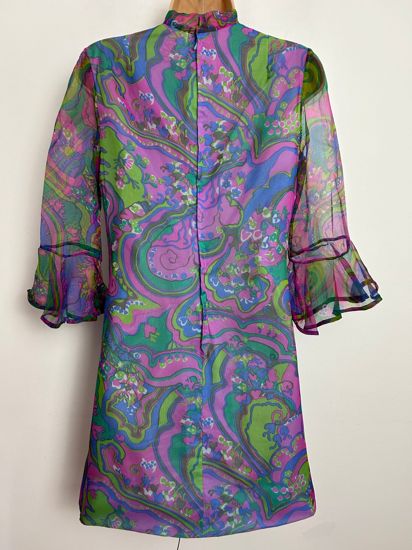 Vintage 1960s UK Size 6-8 Green Pink & Blue Psychedelic Print Chiffon Mini Mod Shift Dress