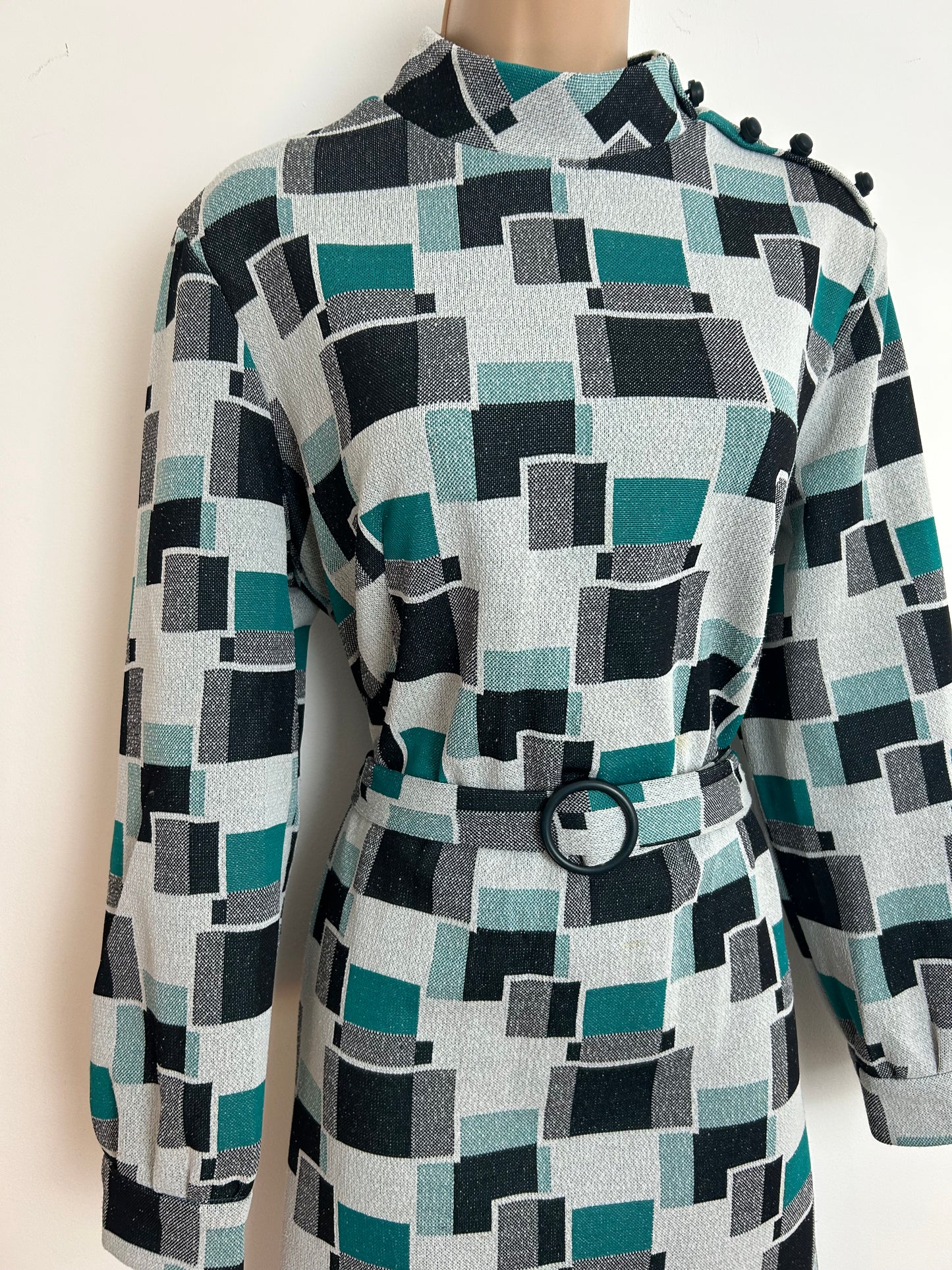 Vintage 1960s Size 16 Teal Black & White Geo Square Print Crimplene Belted Long Sleeve Mod Dress