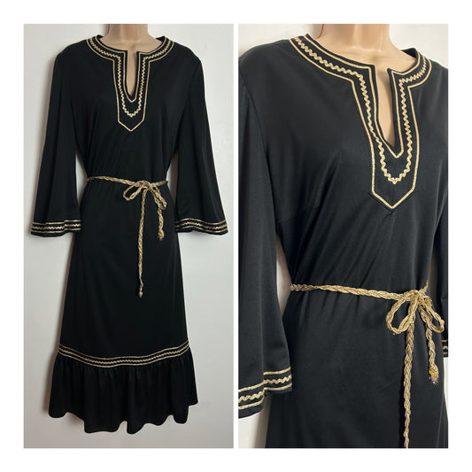 Vintage 1970s Size 14 Black & Metallic Gold Braid Trim Long Sleeve Belted Midi Dress