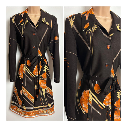 Vintage 1970s Size 14 Brown Orange & Beige Floral & Border Print Belted Day Dress