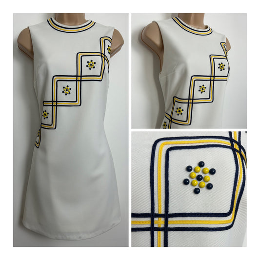 Vintage 1960s Size 8 White Navy Blue & Yellow Braid & Bead Embellishment Mini Mod Scooter Shift Dress