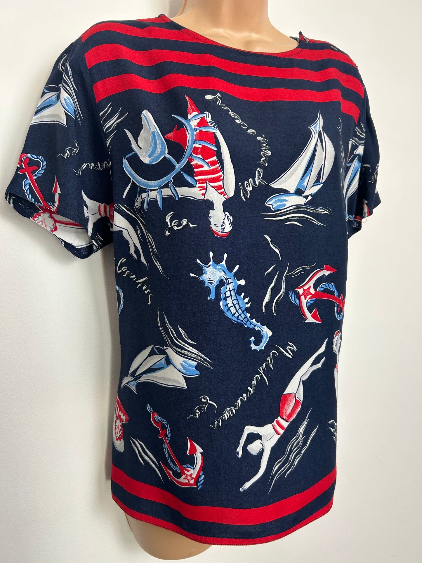 Vintage Y2K Size 12 Navy Blue White & Red Nautical Pin Up Girls Short Sleeve Top