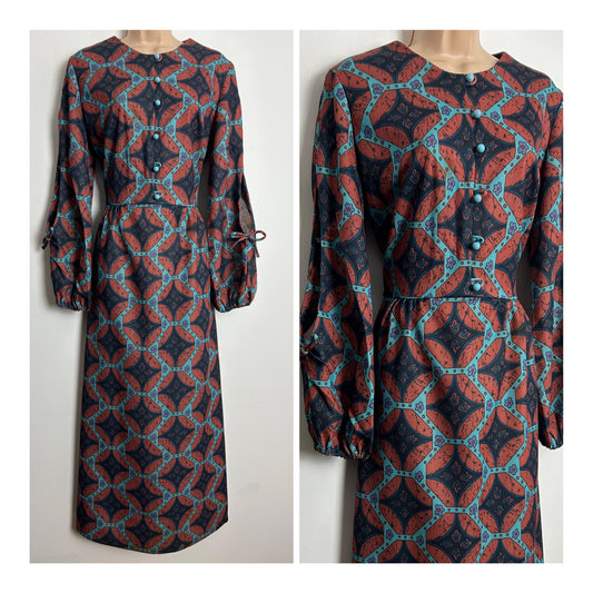 Vintage 1970s UK Size 12-14 Rust Brown Teal & Turquoise Abstract Print Long Split Sleeve Maxi Dress