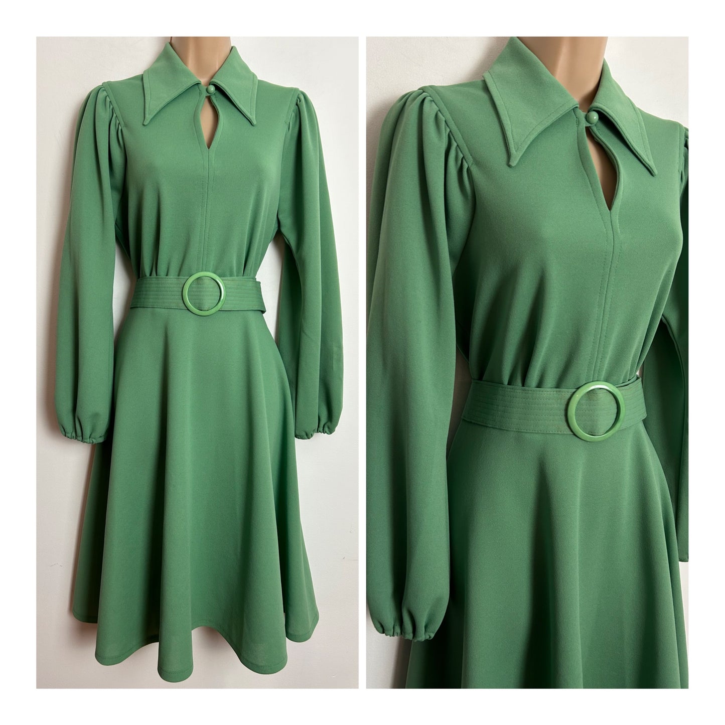 Vintage 1970s UK Size 12 Green Dagger Collar Long Sleeve Belted Fit & Flare Day Dress