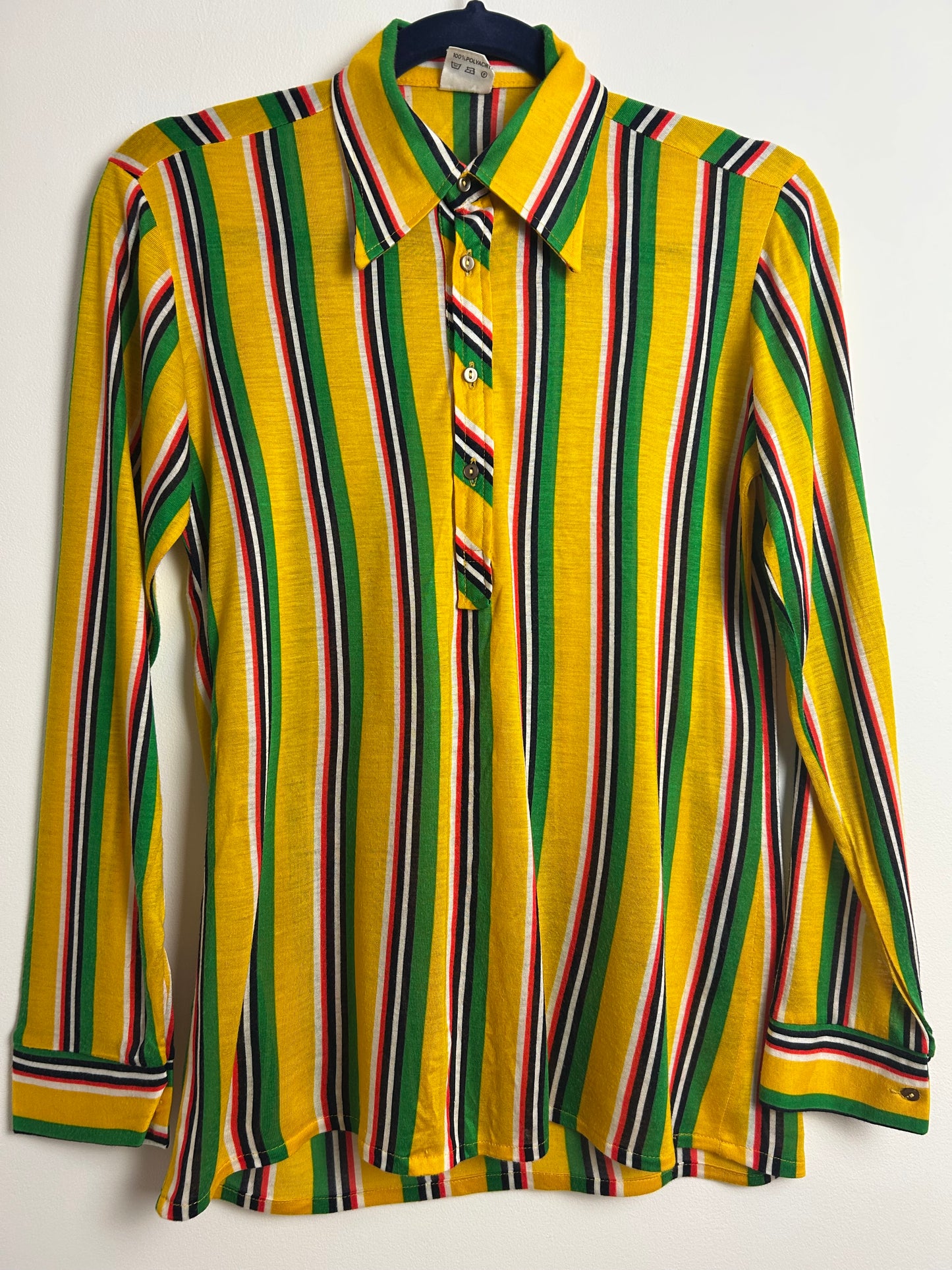 Vintage 1970s Size 8-10 Yellow Green White & Red Stripe Print Long Sleeve Shirt