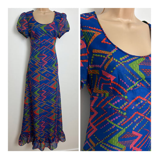 Vintage 1970s Size 8-10 Blue Orange Pink & Green Abstract Print Short Sleeve Tie Back Maxi Dress