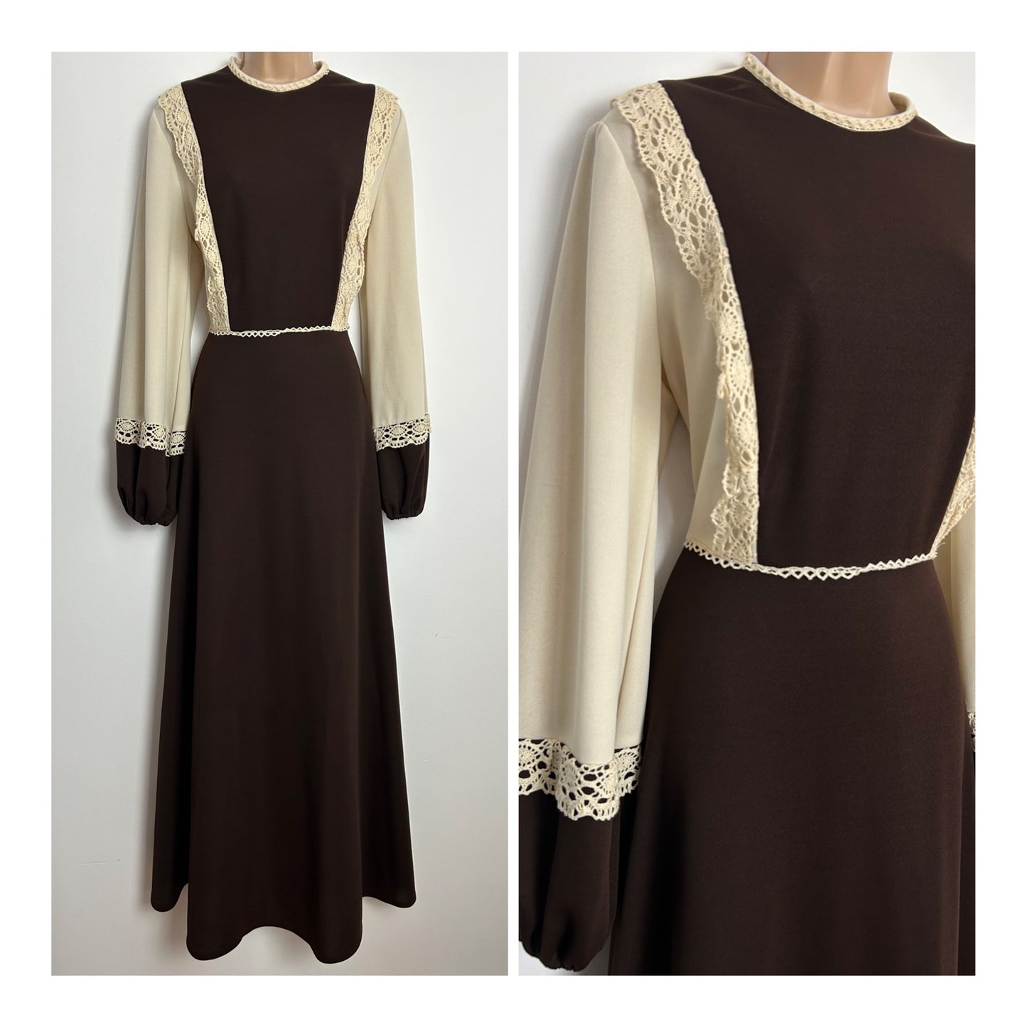 Vintage 70s UK Size 10-12 PETERSON MAID Chocolate Brown & Cream Lace Trim Balloon Sleeve Prairie Boho Maxi Dress