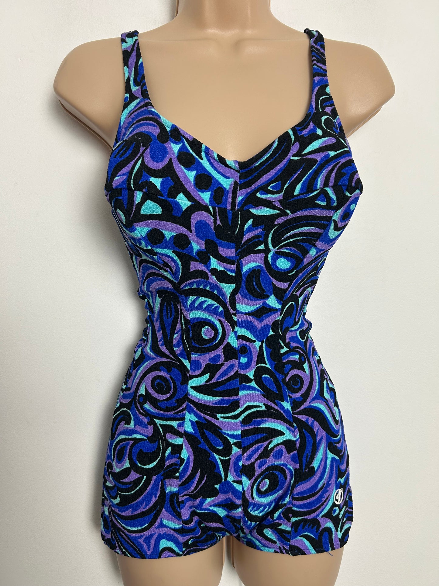 Vintage 1960s LUSA Size 14 Blue Blue & Pink Psychedelic Abstract Print Underwired Swimsuit