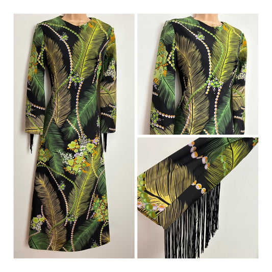 Vintage 1970s UK Size 10 Gorgeous Black & Green Tones Feather & Floral Print Tassel Cuff Long Sleeve Short Maxi Length Dress