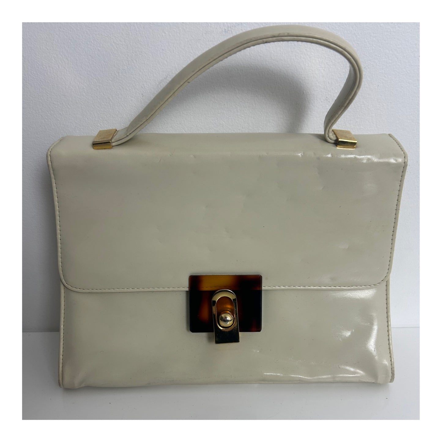 Vintage 1960s Cream Leather Handbag/Shoulder Bag With Tortoiseshell & Gold Metal Clasp