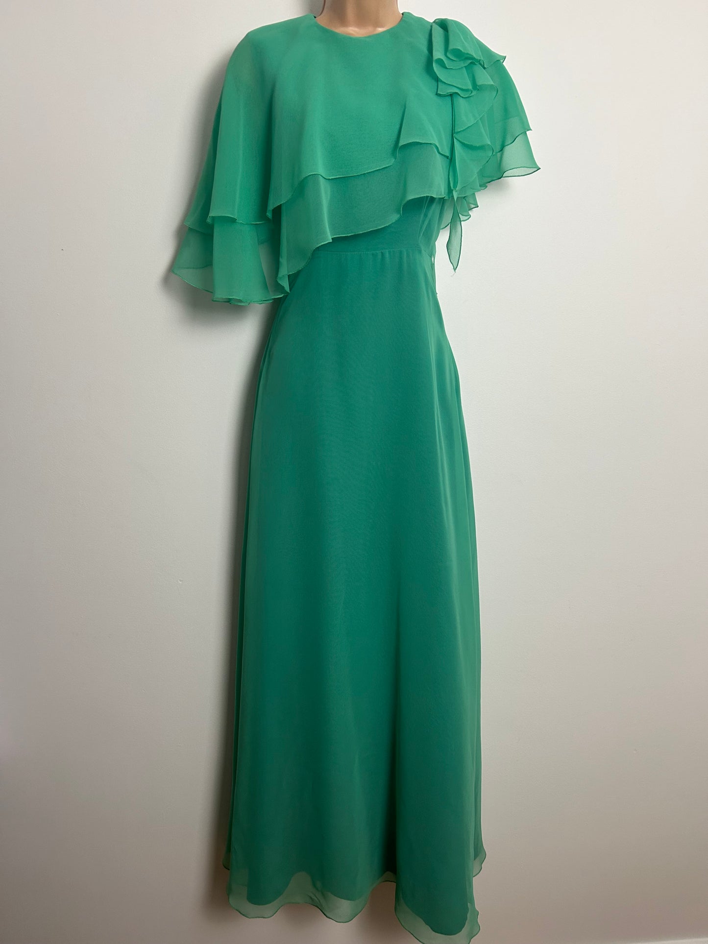 Vintage 1970s JOHN CHARLES Size 8-10 Jade Green Chiffon Layered Bodice Boho Occasion Maxi Dress
