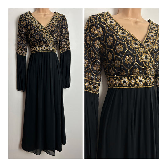 Vintage 1970s UK Size 10 Black Gold & Silver Brocade & Chiffon Crepe Occasion Evening Maxi Dress