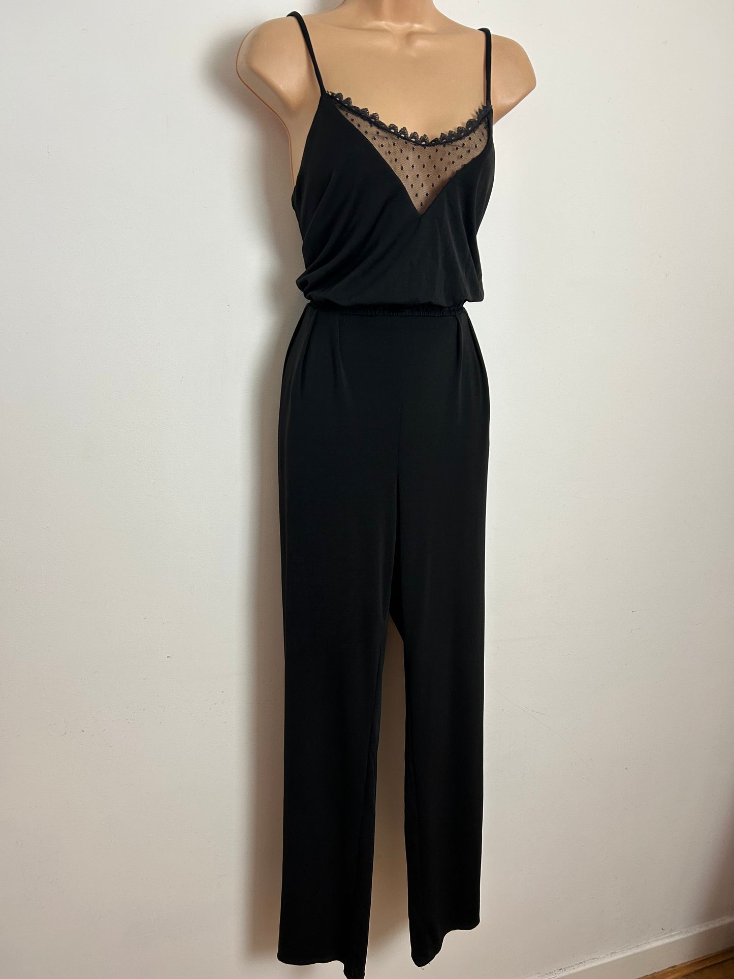 Vintage Late 1970s JOHN MARKS BY ANNE TYRELL Size 8-10 Black Mesh Panel Straight Leg Jumpsuit