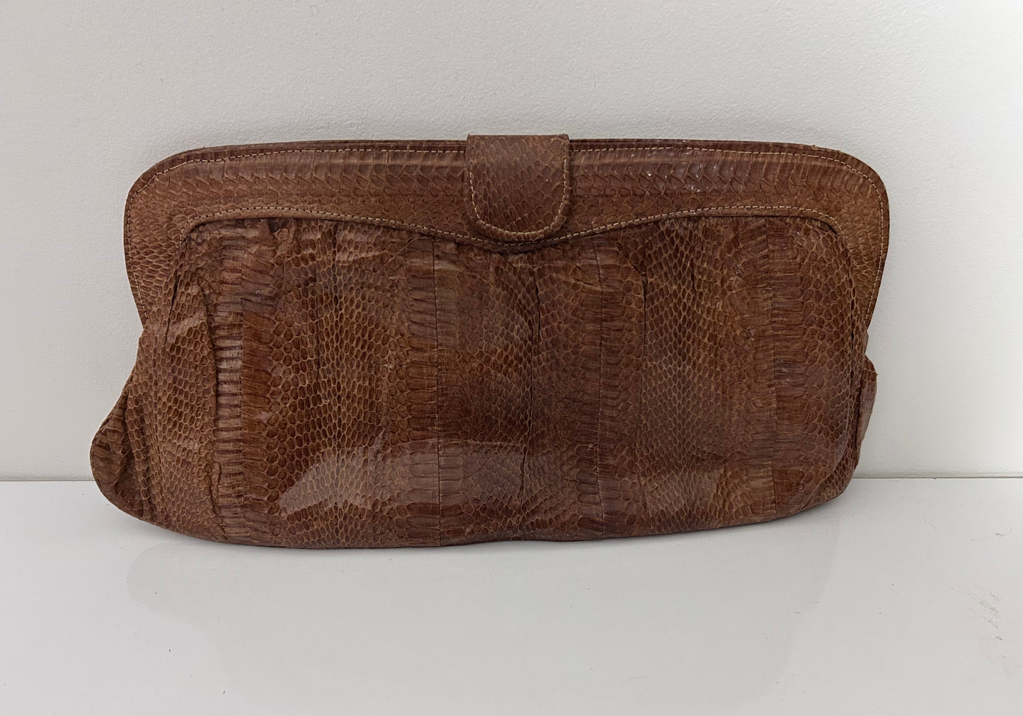 Vintage 1970s Large Brown Real Reptile Snake Skin Clutch Bag