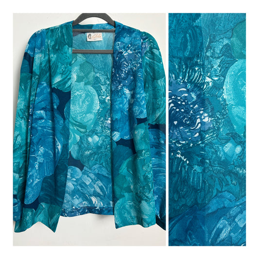 Vintage 1980s VON GASSLER Size 12-14 Dark Turquoise Tones Floral Print Open Fronted Cover Up