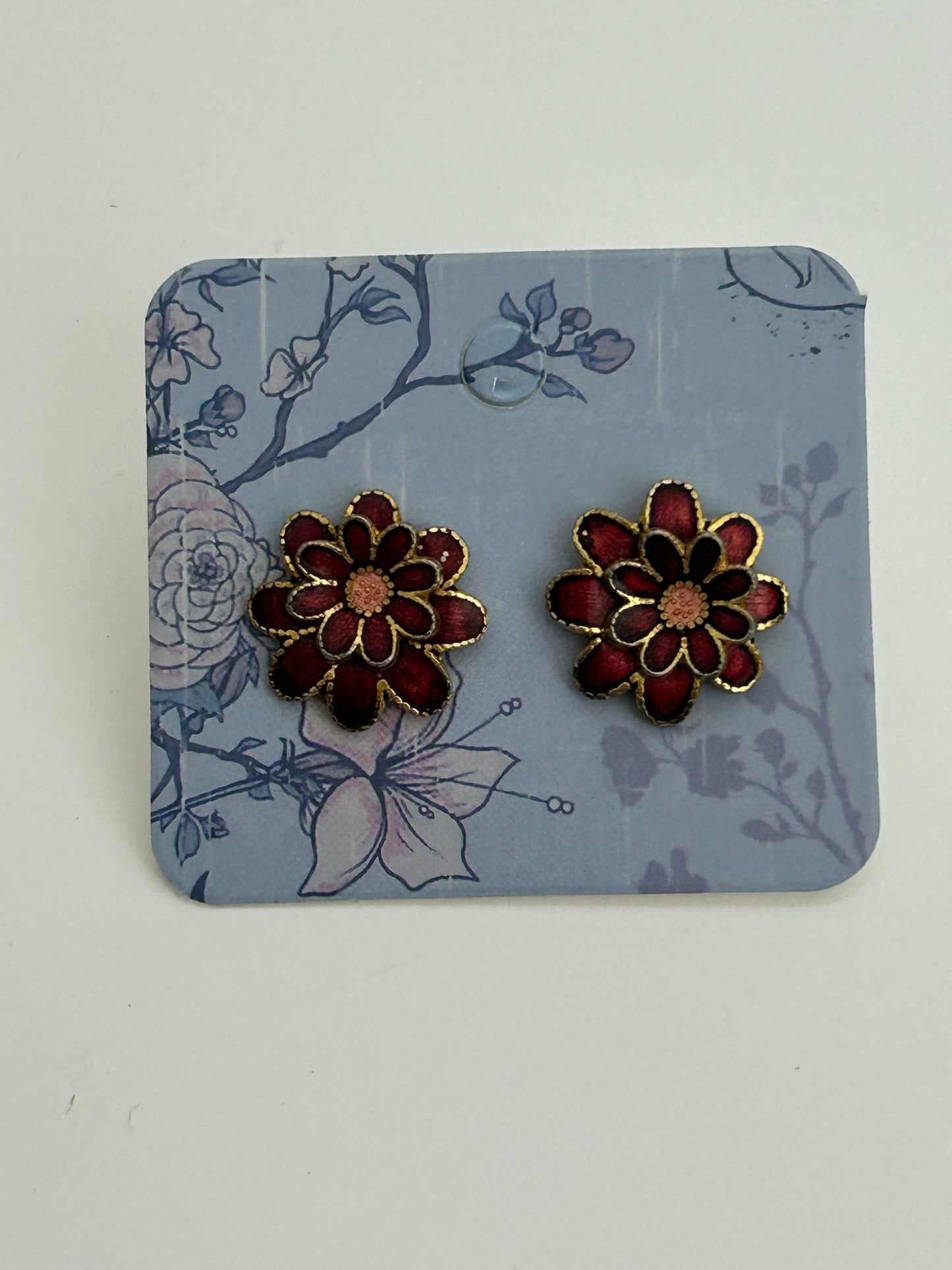 Vintage Gold Tone & Red Cloisonne Enamel Flower Earrings
